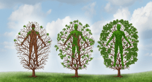 Three graphic trees with a man silhouette to show a change like the seasons