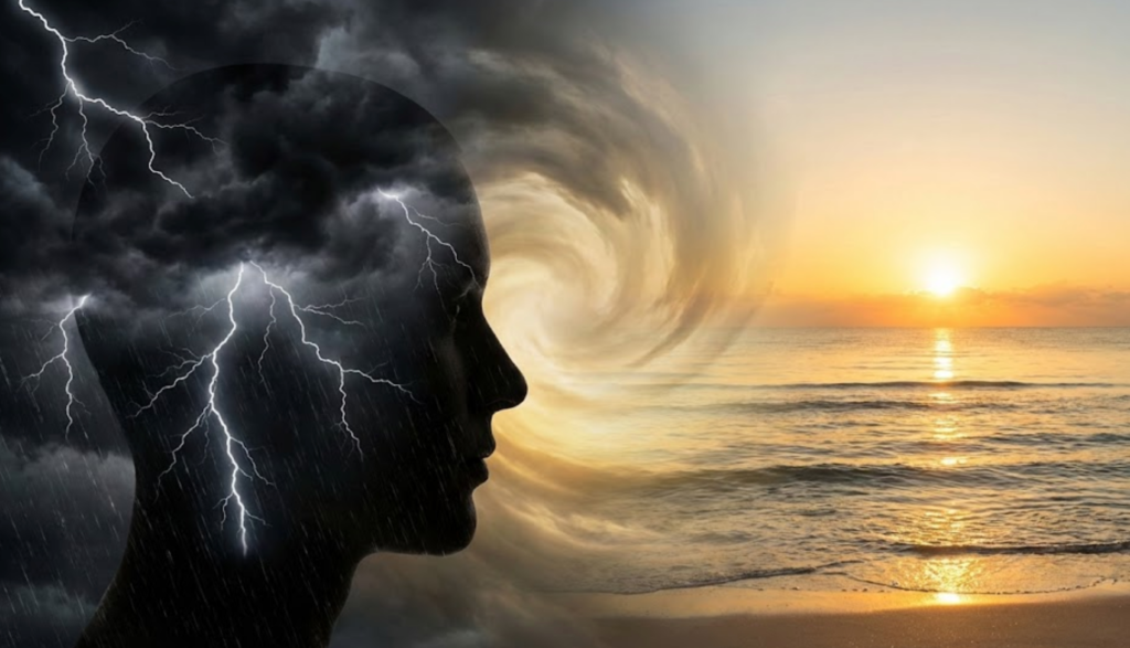 Human silhouette with stormy, lightning-filled mind contrasted by a tranquil ocean sunrise, representing mental struggle to peace and well-being.